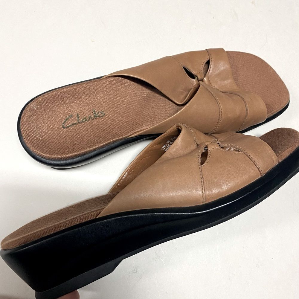 Clarks Tan Slide Sandals with Low Black Wedge